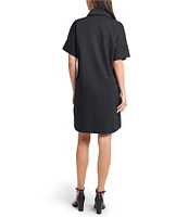 Ming Wang Mixed-Media Two-Toned Lace Point Collar V-Neck Short Sleeve Dress