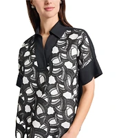 Ming Wang Mixed-Media Two-Toned Lace Point Collar V-Neck Short Sleeve Dress