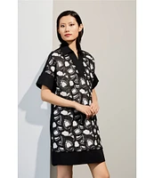 Ming Wang Mixed-Media Two-Toned Lace Point Collar V-Neck Short Sleeve Dress