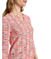Ming Wang Multi Plaid Split V-Neck 3/4 Sleeve Sheath Dress