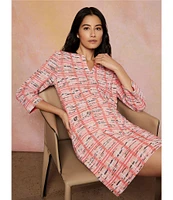 Ming Wang Multi Plaid Split V-Neck 3/4 Sleeve Sheath Dress