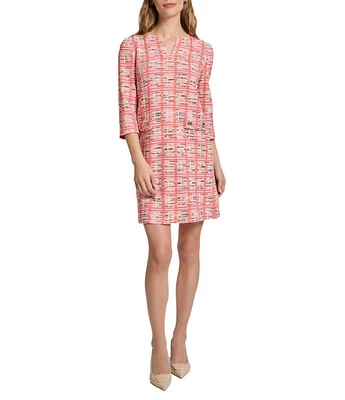 Ming Wang Multi Plaid Split V-Neck 3/4 Sleeve Sheath Dress