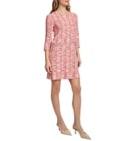 Ming Wang Multi Plaid Split V-Neck 3/4 Sleeve Sheath Dress
