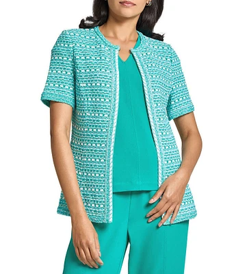 Ming Wang Multi-Stitch Knit Crew Neck Short Sleeve Tailored Jacket