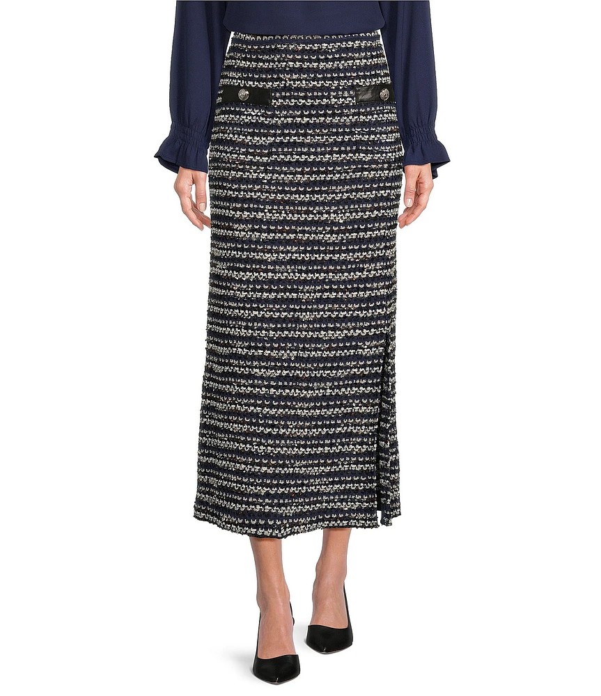 Ming Wang Coordinating Multi-Stitch Tweed Knit Faux Leather Pocket Maxi Pencil Skirt