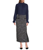 Ming Wang Coordinating Multi-Stitch Tweed Knit Faux Leather Pocket Maxi Pencil Skirt