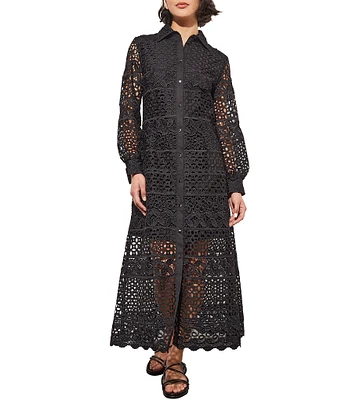 Ming Wang Novelty Lace Point Collar Long Sleeve Maxi Shirt Dress