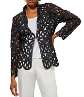 Ming Wang Novelty Woven Geo Circle Cutout Lapel Collar Long Sleeve Jacket