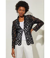 Ming Wang Novelty Woven Geo Circle Cutout Lapel Collar Long Sleeve Jacket