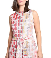 Ming Wang Novelty Woven Jacquard Polka Dot Crew Neck Sleeveless A-line Belted Sheath Dress
