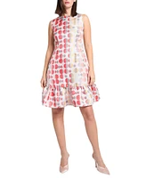 Ming Wang Novelty Woven Jacquard Polka Dot Crew Neck Sleeveless A-line Belted Sheath Dress