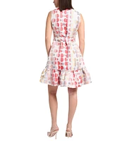 Ming Wang Novelty Woven Jacquard Polka Dot Crew Neck Sleeveless A-line Belted Sheath Dress