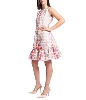 Ming Wang Novelty Woven Jacquard Polka Dot Crew Neck Sleeveless A-line Belted Sheath Dress