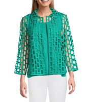 Ming Wang Novelty Woven Square Geo Cutout Spread Collar 3/4 Sleeve Jacket