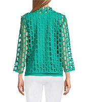 Ming Wang Novelty Woven Square Geo Cutout Spread Collar 3/4 Sleeve Jacket