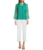 Ming Wang Novelty Woven Square Geo Cutout Spread Collar 3/4 Sleeve Jacket