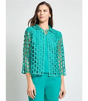 Ming Wang Novelty Woven Square Geo Cutout Spread Collar 3/4 Sleeve Jacket