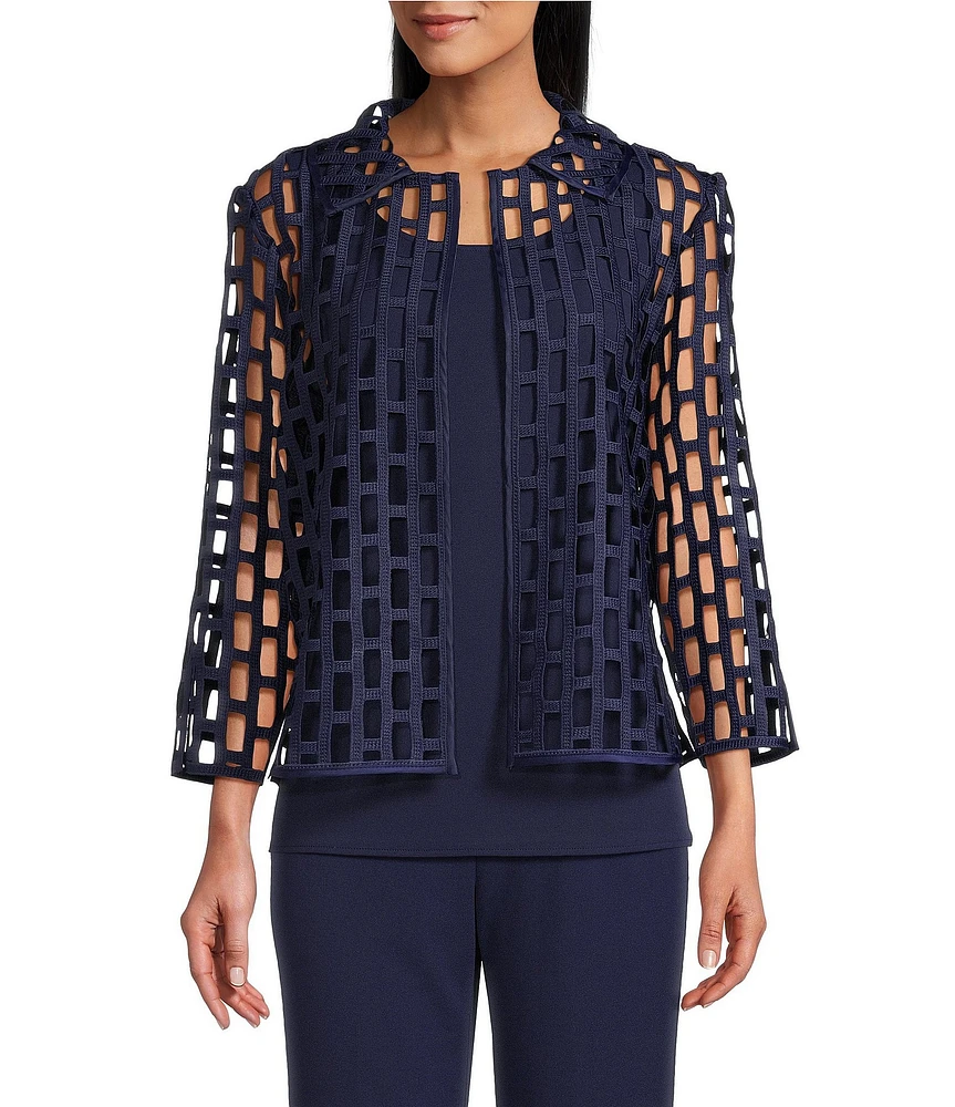 Ming Wang Novelty Woven Square Geo Cutout Spread Collar 3/4 Sleeve Jacket