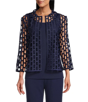 Ming Wang Novelty Woven Square Geo Cutout Spread Collar 3/4 Sleeve Jacket