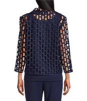 Ming Wang Novelty Woven Square Geo Cutout Spread Collar 3/4 Sleeve Jacket