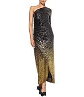 Ming Wang Ombre Sequin One-Shoulder Single Long Sleeve Tulip Front Hem Dress