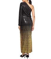 Ming Wang Ombre Sequin One-Shoulder Single Long Sleeve Tulip Front Hem Dress