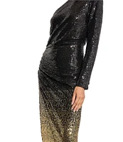 Ming Wang Ombre Sequin One-Shoulder Single Long Sleeve Tulip Front Hem Dress