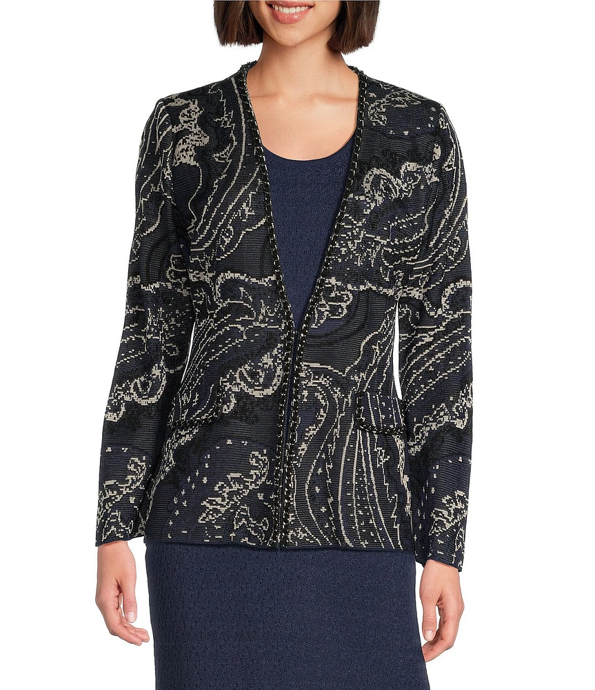 Ming Wang Paisley Knit Braided Chain Trim V-Neck Long Sleeve Jacket