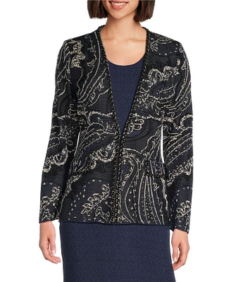 Ming Wang Paisley Knit Braided Chain Trim V-Neck Long Sleeve Jacket