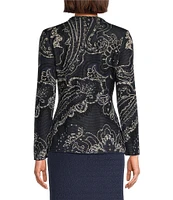 Ming Wang Paisley Knit Braided Chain Trim V-Neck Long Sleeve Jacket