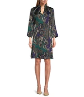 Ming Wang Paisley Print Crepe de Chine Split V-Neck 3/4 Sleeve Tiered Ruffled Hem A-Line Dress