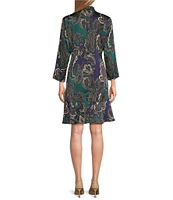 Ming Wang Paisley Print Crepe de Chine Split V-Neck 3/4 Sleeve Tiered Ruffled Hem A-Line Dress