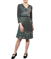 Ming Wang Patterned Abstract Print Soft Ribbed Knit V-Neck 3/4 Sleeve Shift Dress