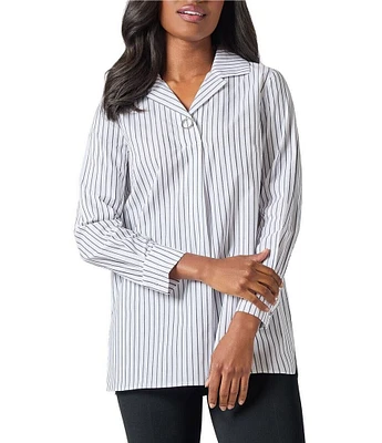 Ming Wang Pinstripe Notch Collar Long Sleeve Top