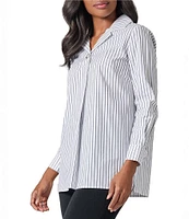 Ming Wang Pinstripe Notch Collar Long Sleeve Top