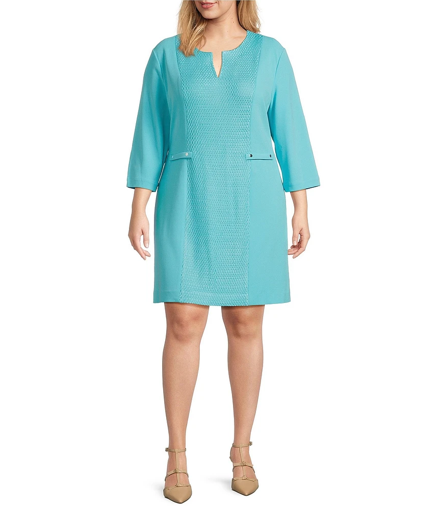 Ming Wang Plus Contrast Panel Soft Knit Split Round Neck 3/4 Sleeve Sheath Dress