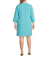 Ming Wang Plus Contrast Panel Soft Knit Split Round Neck 3/4 Sleeve Sheath Dress