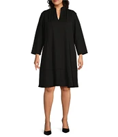 Ming Wang Plus Deco Crepe Woven V-Neck 3/4 Sleeve Tiered Ruffled Hem A-Line Dress