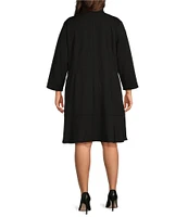 Ming Wang Plus Deco Crepe Woven V-Neck 3/4 Sleeve Tiered Ruffled Hem A-Line Dress