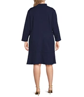 Ming Wang Plus Deco Crepe Woven V-Neck 3/4 Sleeve Tiered Ruffled Hem A-Line Dress