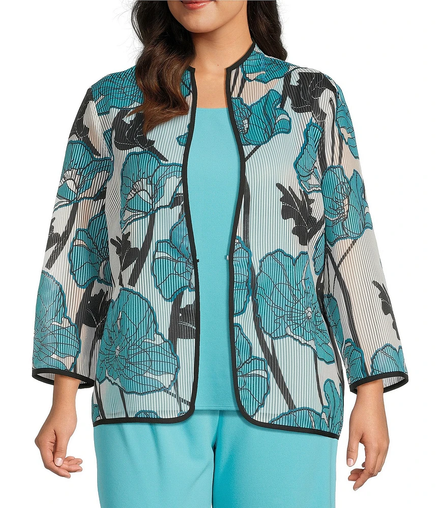 Ming Wang Plus Floral Sheer Floral Stripe Stand Collar Bracelet Sleeve Jacket