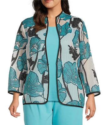 Ming Wang Plus Floral Sheer Floral Stripe Stand Collar Bracelet Sleeve Jacket