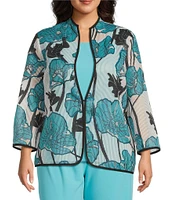Ming Wang Plus Floral Sheer Floral Stripe Stand Collar Bracelet Sleeve Jacket