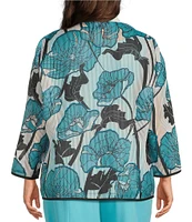 Ming Wang Plus Floral Sheer Floral Stripe Stand Collar Bracelet Sleeve Jacket