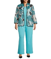 Ming Wang Plus Floral Sheer Floral Stripe Stand Collar Bracelet Sleeve Jacket