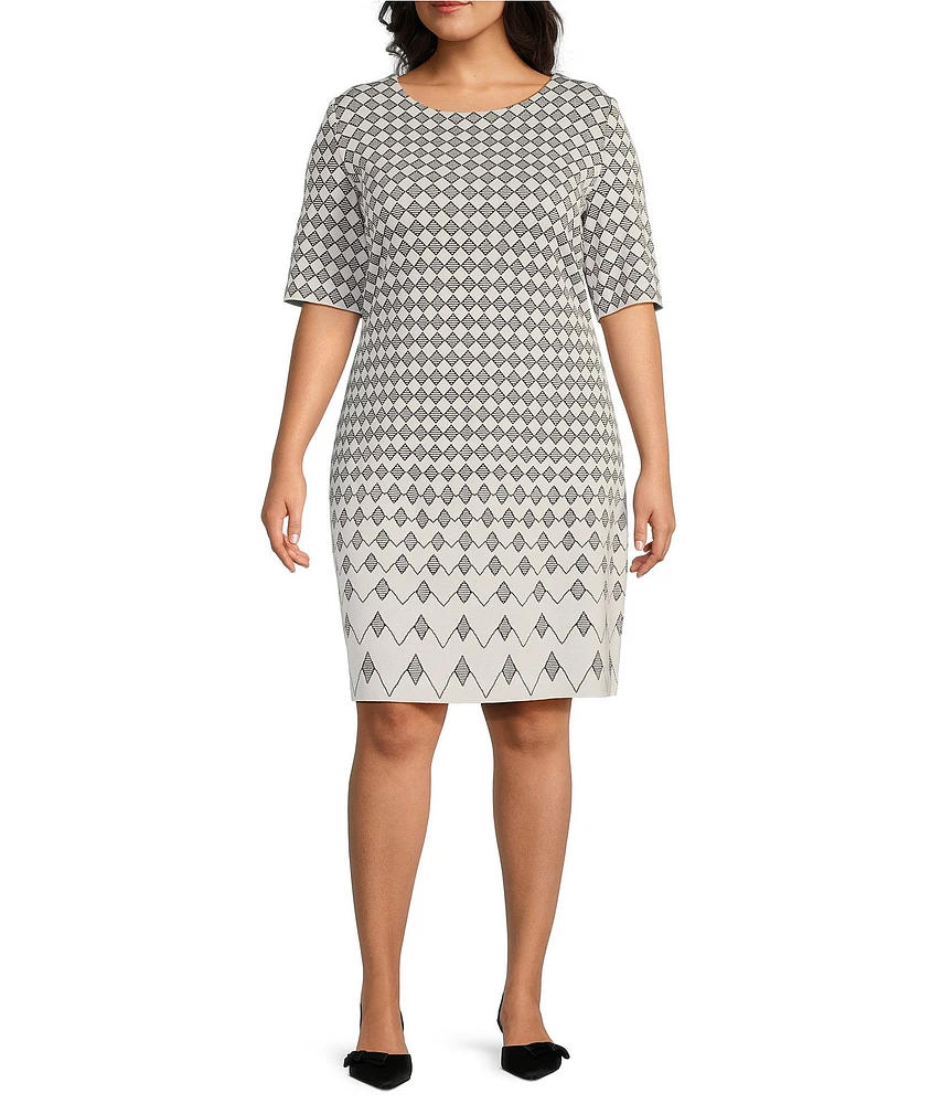 Ming Wang Plus Knit Jacquard Geo Print Round Neck Elbow Sleeve Dress