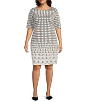 Ming Wang Plus Knit Jacquard Geo Print Round Neck Elbow Sleeve Dress