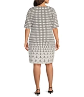 Ming Wang Plus Knit Jacquard Geo Print Round Neck Elbow Sleeve Dress