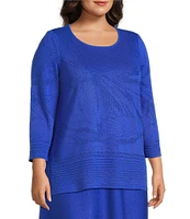 Ming Wang Plus Size Burnout Floral Knit Boat Neck Bracelet Sleeve Tunic