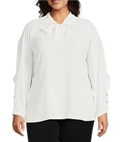 Ming Wang Plus Size Crepe De Chine Mock Tie Neck Long Raglan Sleeve Blouse